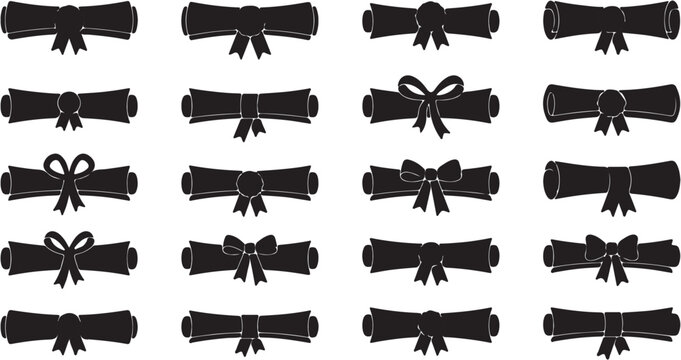 Collection of twenty black silhouette scrolls with various ribbon bows.