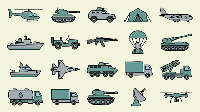 Flat design vector icons of military transport and army equipment