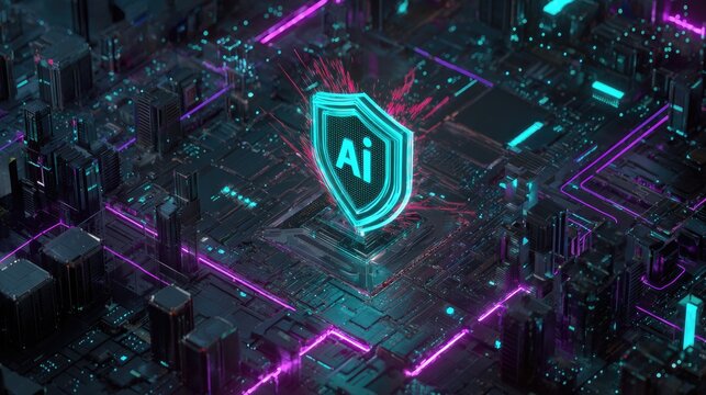 Glowing AI shield emblem on a futuristic circuit board with purple light