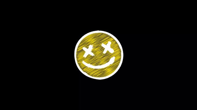 Scribble hand drawn dead happy smiley face yellow emoji animation on black background. Hand-Drawn smiley crossed eyes face doodle loop. Happy Smile cartoon face frame by frame brush stroke animation