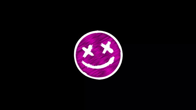 Scribble hand drawn dead happy smiley face emoji animation on a black background. Hand-Drawn smiley crossed eyes face doodle loop. Happy Smile cartoon face frame by frame brush stroke animation