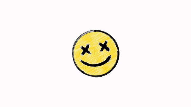 Scribble hand drawn dead happy smiley face yellow emoji animation on white background. Hand-Drawn smiley crossed eyes face doodle loop. Happy Smile cartoon face frame by frame brush stroke animation