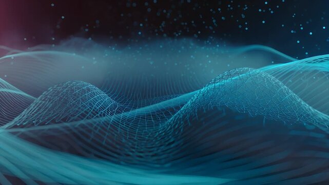 Abstract digital landscape with glowing blue wireframe waves and particles, representing data and technology.