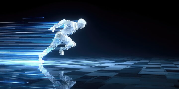 Digital figure in motion, streaking across a tiled, reflective floor