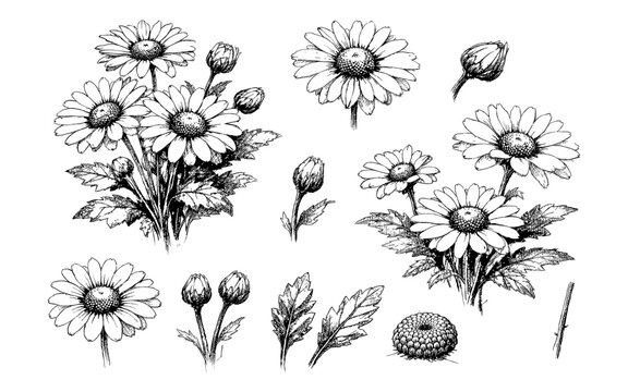 Botanical illustration of daisies and buds in a detailed sketch style