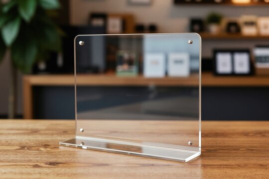 Clear acrylic sign holder sits on wooden table. Modern display for retail, office, or restaurant. Stands upright for information or ads. Clean design.