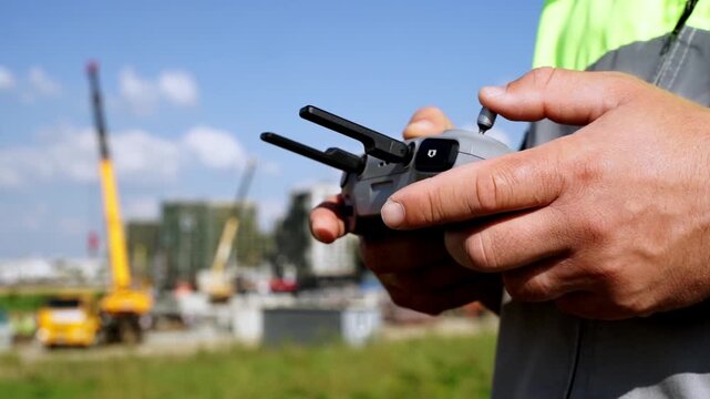 Hands hold remote control device. Person wears high-visibility vest. Construction site visible in background. Clear sky with scattered clouds. Operator controls drone over worksite
