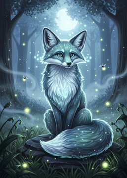 Mystical glowing fox sitting in an enchanted forest surrounded by fireflies at night glowing fox enc