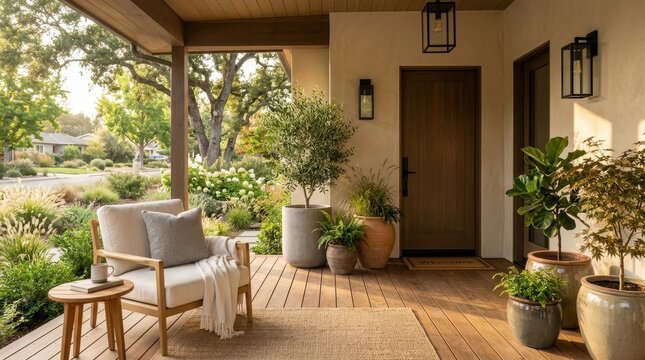 Inviting japandi style front porch with comfortable seating and lush potted plants, overlooking a serene garden and suburban street