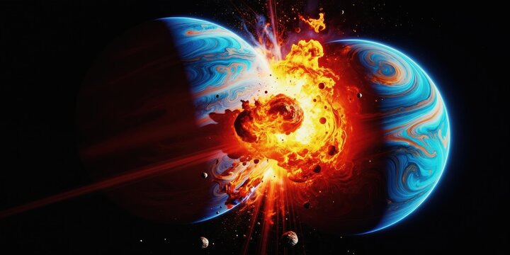 Two planets collide in deep space creating massive fiery explosion. Debris, hot gas scatter outwards. Intense cosmic event shows celestial destruction, planetary impact with red orange, blue colors.