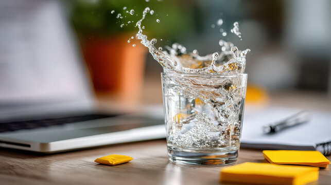 Simple glass of water splashing beside a laptop on a desk for workplace rehydration break and modern office background