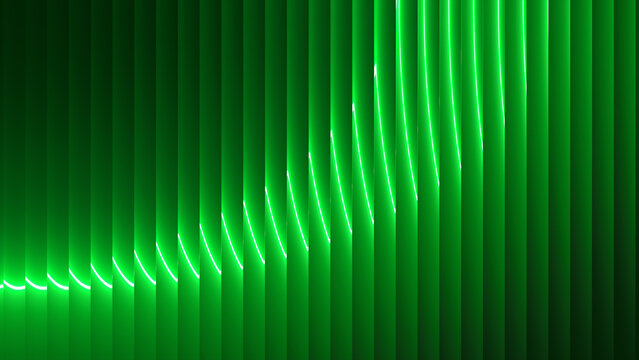 Abstract ribbed glass lines with flowing gradient blending intense green doomsday colors. Liquid vertical gradient flow and rotate across layered geometry for futuristic visual.