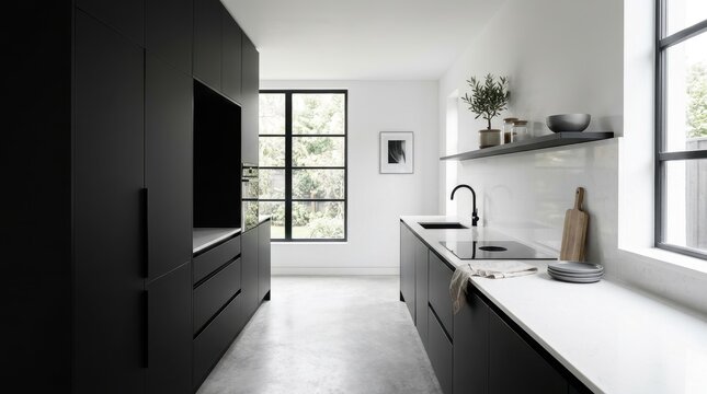 Modern minimalist kitchen with dark cabinetry, white countertops, and large industrial-style windows, showcasing a sleek design aesthetic