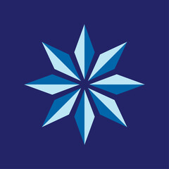 Naklejka premium Logotipo con estrella geométrica de ocho puntas en color azul. Símbolo de copo de nieve o aire acondicionado 