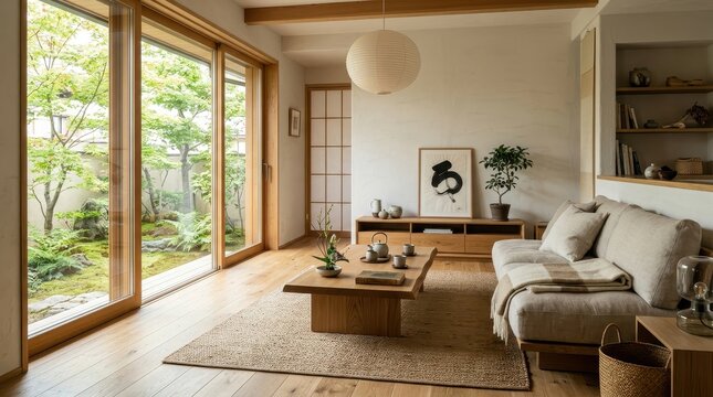 Serene japandi living room with large windows overlooking a lush japanese garden, featuring natural wood furniture and minimalist decor