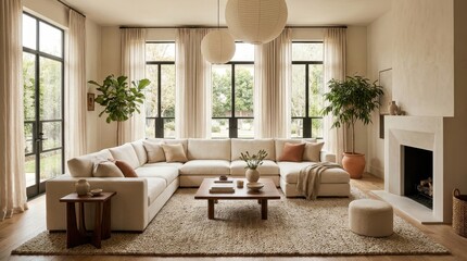 Fototapeta premium Spacious modern living room with a large sectional sofa, coffee table, fireplace, and abundant natural light streaming through large windows