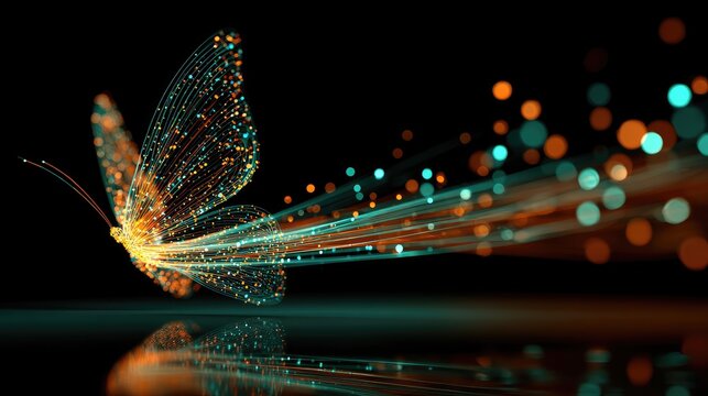 Digital butterfly made of glowing particles bursts with light