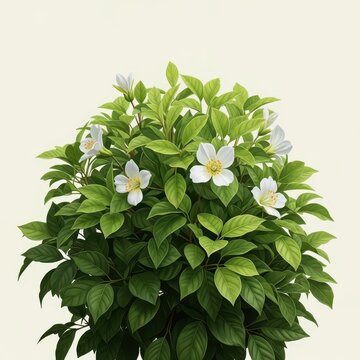 Detailed botanical illustration of a lush foliate flower structure emphasizing abundant green leaves and delicate petals in soft light, stem, natural, growth