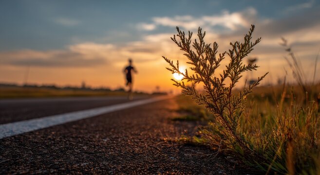 Lone runner on asphalt road at sunset with dry grass foreground.