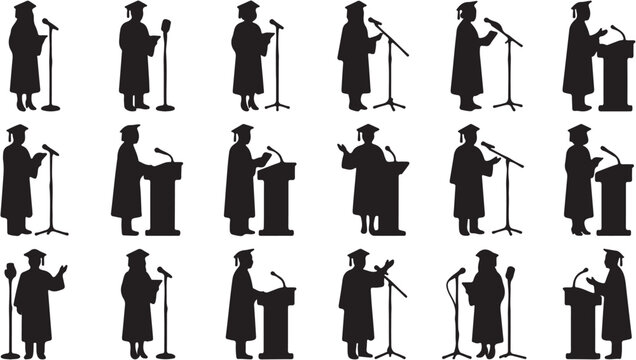 Graduates in academic regalia speaking.