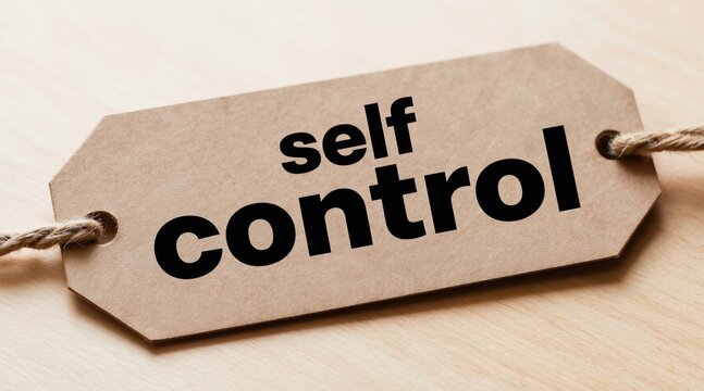 Cardboard tag on wood table says self control. Simple label with string demonstrates personal discipline and restraint. Topic for behavioral psychology and motivation concepts.