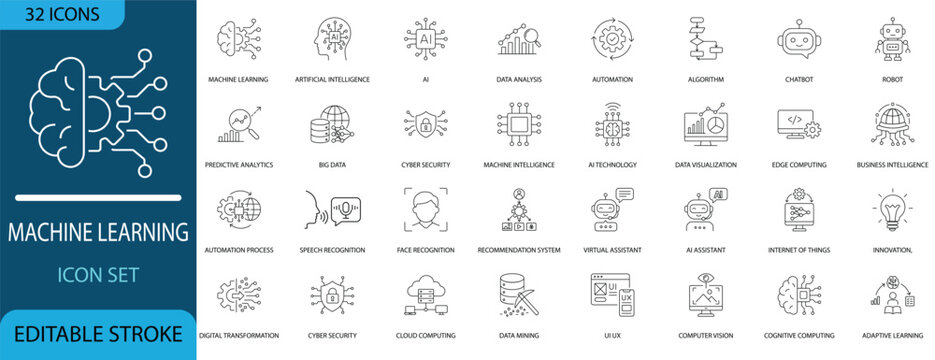 Machine learning and artificial intelligence line icon set. Concepts of AI technology, big data, robotics, chatbot, cloud computing, and digital transformation. Editable stroke.