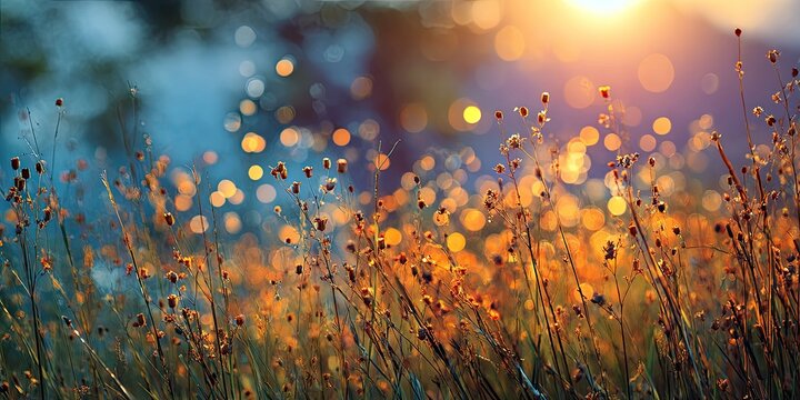 Golden hour light illuminates tall grass with bokeh effect