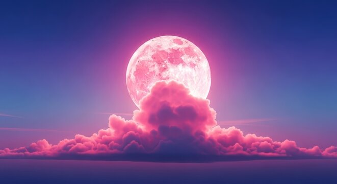 A brightly colored fantasy landscape featuring a glowing pink moon hanging low in the vast celestial sky above a voluminous pink cloud, abstract, ethereal, cosmic