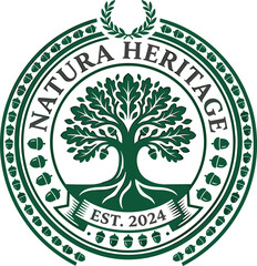 Circular green emblem featuring stylized tree with roots surrounded by acorn pattern and laurel wreath with text Natura Heritage Est 2024 symbolizing nature preservation and tradition © Sammi