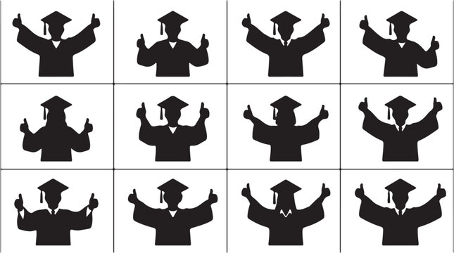 Graduation caps and gowns silhouettes.