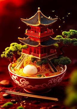 a red pagoda in a bowl of ramen with a boiled egg and chopsticks on a red background with a tree asi