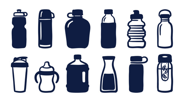 Dark Blue Water Bottle Icons on White Background