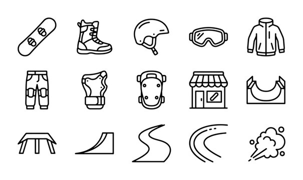 Snowboarding Gear and Park Icons Set, Winter Sports Equipment Vector Graphics