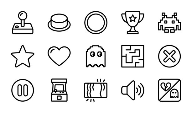 Retro Arcade Game Icons Set: Joystick, Ghost, Star, Trophy, Space Invader