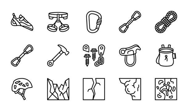 Climbing Gear Icons Set, Rock Climbing Equipment Vector Graphics, Adventure Sports Symbols