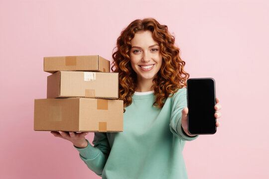 Young woman with curly red hair holds stack of brown cardboard boxes in one hand and blank smartphone in other. She smiles warmly against soft pink studio background.