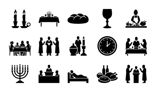 Jewish Holiday Icons Set, Shabbat Dinner, Menorah, Food, Celebration Vector Icons