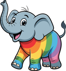 Obraz premium A cute cartoon baby elephant with vibrant rainbow colors celebrating equality and LGBTQ+ pride in a fun artistic style