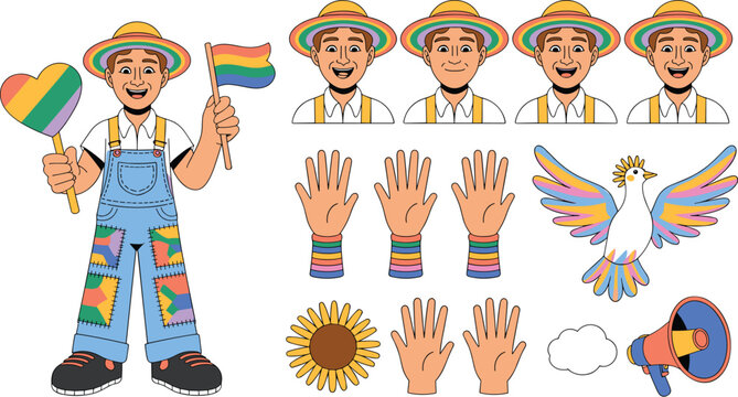 A LGBTQ pride character creator set featuring a smiling man with rainbow accessories, a dove, hands, and decorative icons