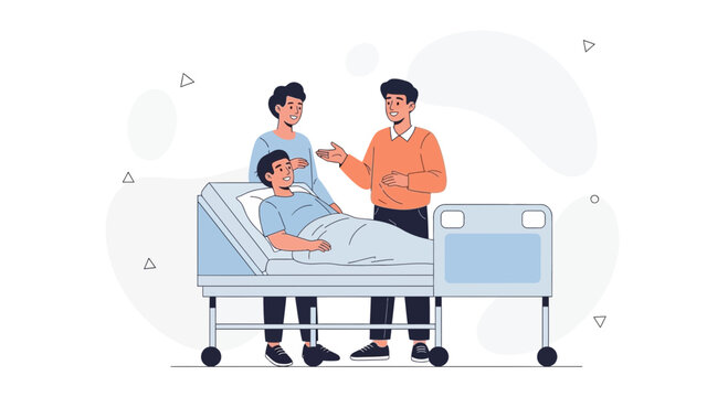 Family visiting patient in hospital bed, healthcare support and care concept illustration