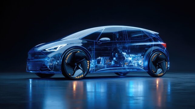Futuristic electric vehicle blueprint with glowing internal components
