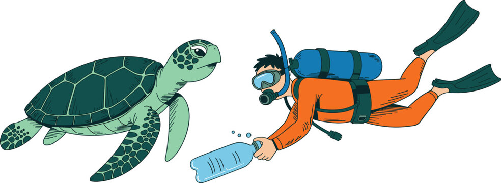 A scuba diver collecting a plastic bottle from the sea to promote ocean conservation and protect a sea turtle