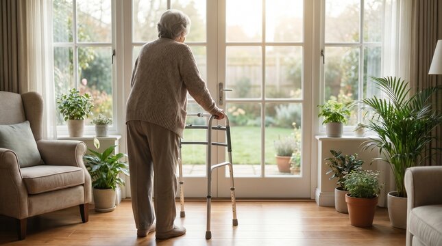 Elderly woman with walker looking out through a bright window at home