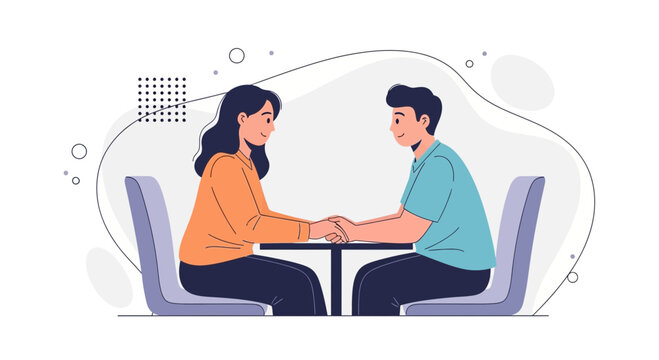 Couple holding hands at a table - romantic scene illustration