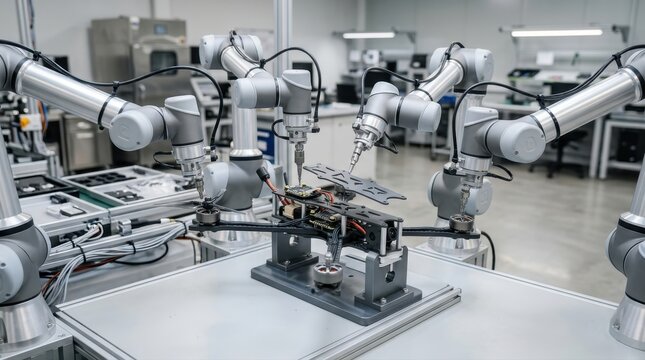 Industrial robotic arms assembling a drone in a hightech laboratory