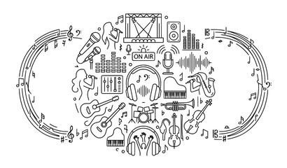 Obraz premium Modern music singer and microphone line icons with editable outline vector design