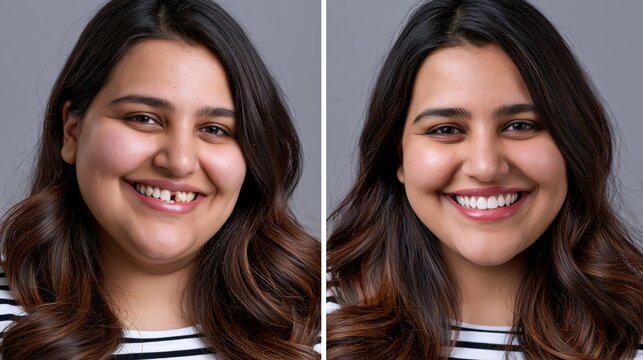 Woman before and after dental treatment showing tooth restoration and smile makeover