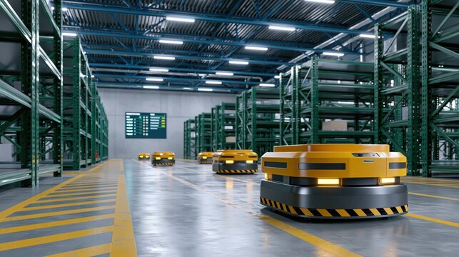 Yellow autonomous robots or AGVs moving through a high-tech distribution center with tall storage racks and a digital status board.