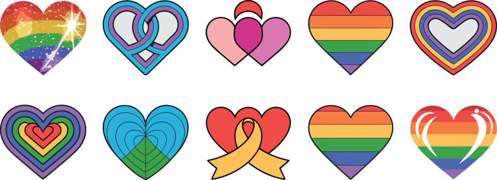 A set of diverse artistic heart icons representing LGBTQ pride and colorful equality within a modern graphic design collection.