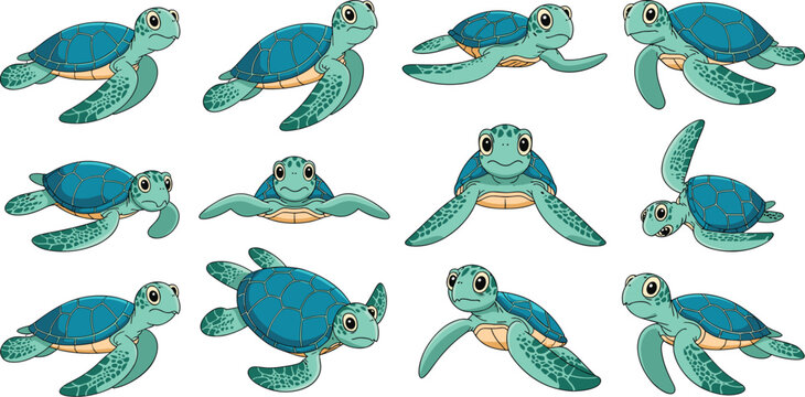 Set of cute cartoon green sea turtles swimming in various poses for ocean conservation and marine life design